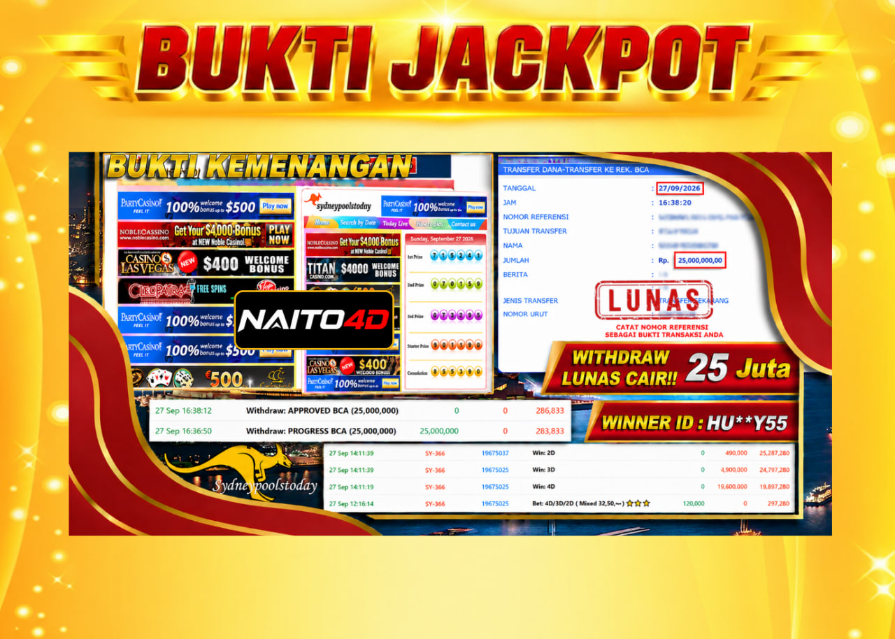 BUKTI KEMENANGAN 27 SEPTEMBER 2026 DI PASARAN SYDNEY POOLS WITHDRAW SEBESAR RP 25.000.000.,-LUNAS 🔥